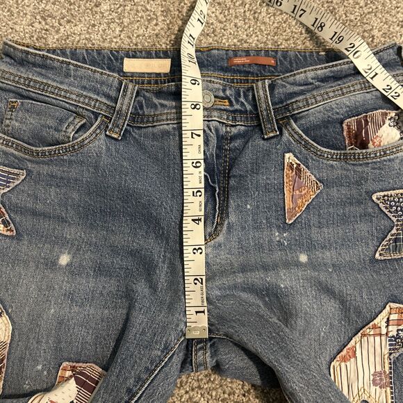 Pilcro Medium Wash Patchwork Splatter Slim Boyfriend Mid Rise Jeans 26 Blue Red - Picture 6 of 7